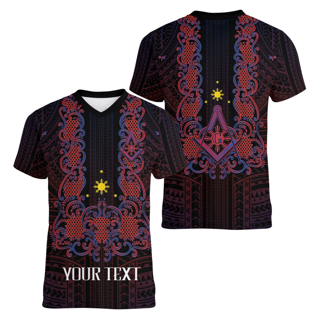 Personalised Philippines Barong Tagalog Freemasonry Women V-Neck T-Shirt Filipino Masonic Polynesian Pattern LT14 - Polynesian Pride