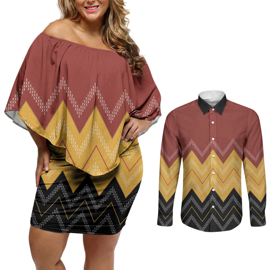 Kaokao Maori Tukutuku Inspired New Zealand Couples Matching Off Shoulder Short Dress and Long Sleeve Button Shirt LT14 Multicolor - Polynesian Pride