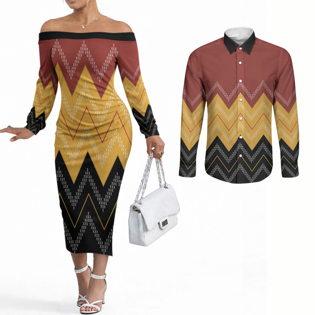Kaokao Maori Tukutuku Inspired New Zealand Couples Matching Off The Shoulder Long Sleeve Dress and Long Sleeve Button Shirt LT14 Multicolor - Polynesian Pride
