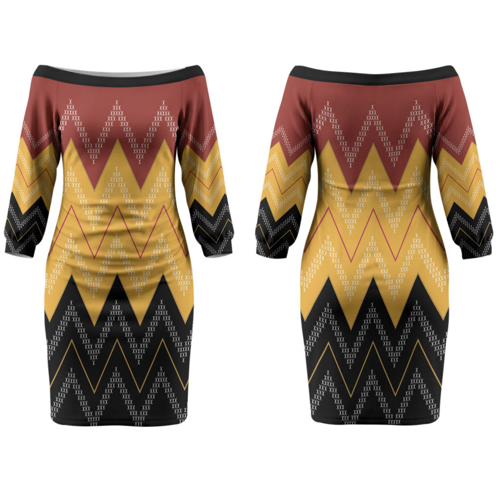 Kaokao Maori Tukutuku Inspired New Zealand Couples Matching Off The Shoulder Long Sleeve Dress and Long Sleeve Button Shirt LT14 - Polynesian Pride