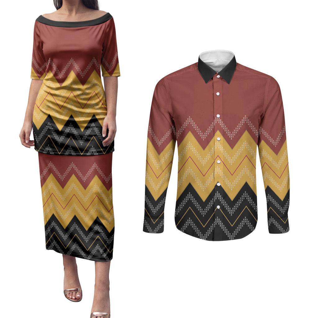 Kaokao Maori Tukutuku Inspired New Zealand Couples Matching Puletasi and Long Sleeve Button Shirt LT14 Multicolor - Polynesian Pride
