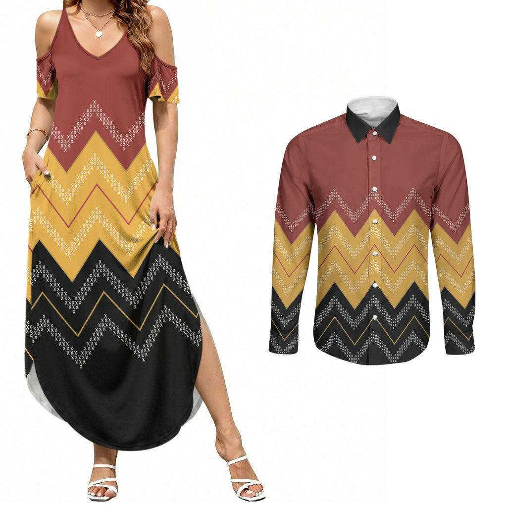 Kaokao Maori Tukutuku Inspired New Zealand Couples Matching Summer Maxi Dress and Long Sleeve Button Shirt LT14 Multicolor - Polynesian Pride