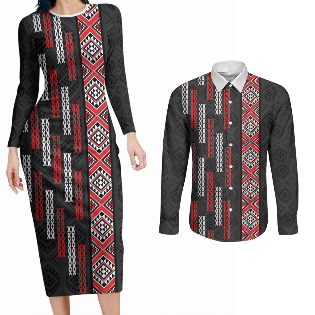 Roimata Toroa Maori Taniko Inspired New Zealand Couples Matching Long Sleeve Bodycon Dress and Long Sleeve Button Shirt LT14 Black - Polynesian Pride