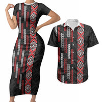 Roimata Toroa Maori Taniko Inspired New Zealand Couples Matching Short Sleeve Bodycon Dress and Hawaiian Shirt LT14 Black - Polynesian Pride