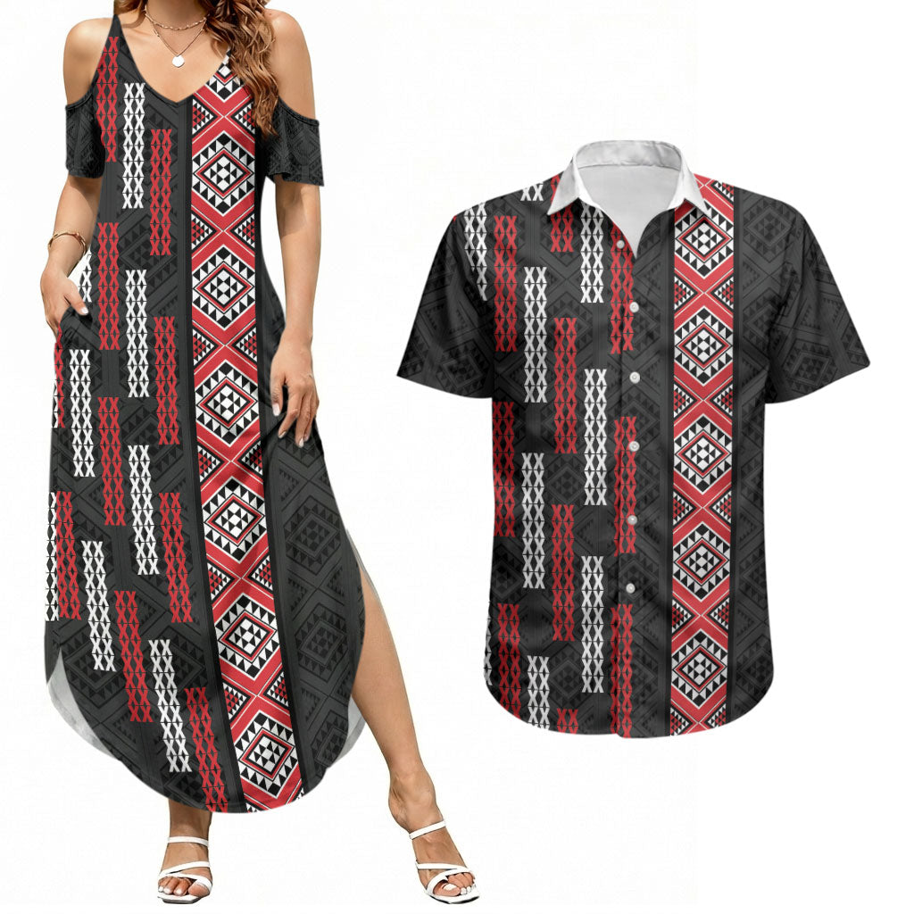 Roimata Toroa Maori Taniko Inspired New Zealand Couples Matching Summer Maxi Dress and Hawaiian Shirt LT14 Black - Polynesian Pride