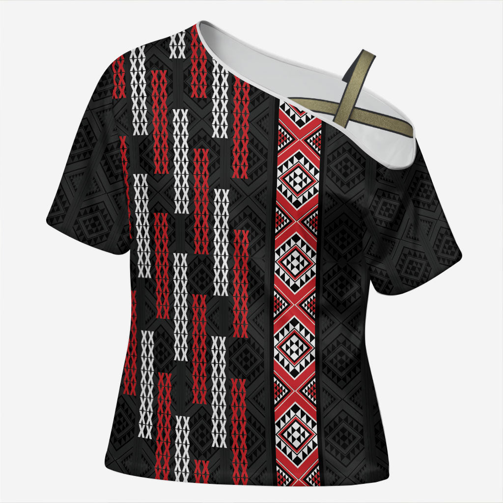 Roimata Toroa Maori Taniko Inspired New Zealand Cross Shoulder Shirt LT14 Female Black - Polynesian Pride