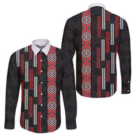Roimata Toroa Maori Taniko Inspired New Zealand Family Matching Off Shoulder Short Dress and Hawaiian Shirt LT14 Dad's Shirt - Long Sleeve Black - Polynesian Pride