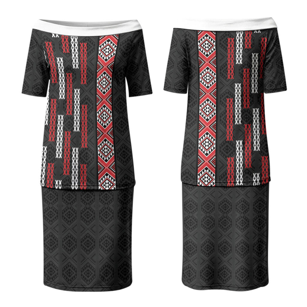 Roimata Toroa Maori Taniko Inspired New Zealand Family Matching Puletasi and Hawaiian Shirt LT14 Mom's Dress Black - Polynesian Pride