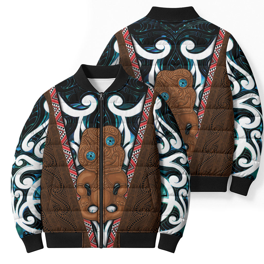 New Zealand Whakairo Bomber Puffer Jacket Tiki Maori Carving Taniko Motifs LT14 - Polynesian Pride