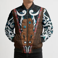 New Zealand Whakairo Bomber Puffer Jacket Tiki Maori Carving Taniko Motifs LT14 - Polynesian Pride
