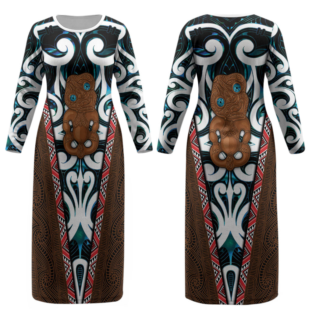 New Zealand Whakairo Couples Matching Long Sleeve Bodycon Dress and Hawaiian Shirt Tiki Maori Carving Taniko Motifs LT14 - Polynesian Pride