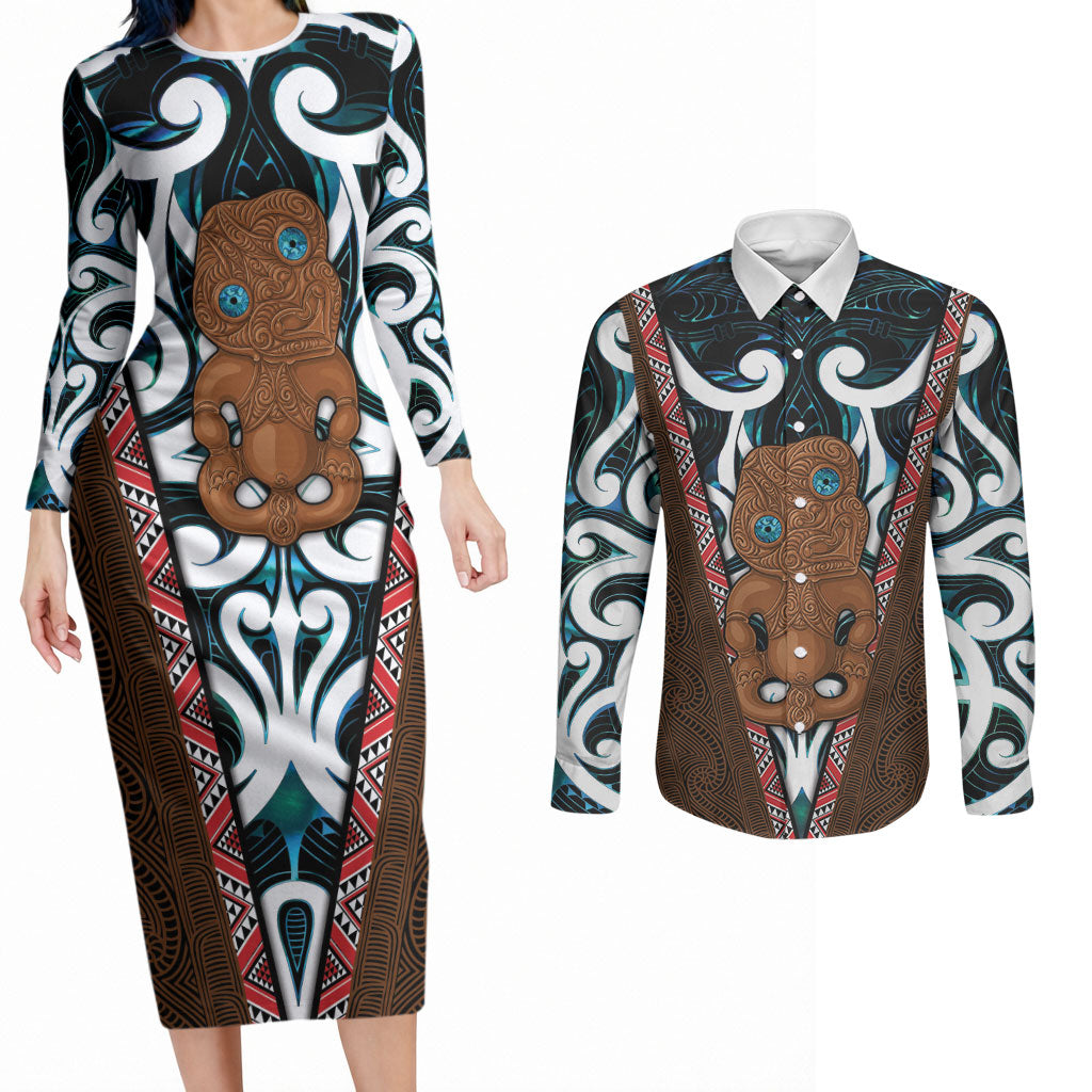 New Zealand Whakairo Couples Matching Long Sleeve Bodycon Dress and Long Sleeve Button Shirt Tiki Maori Carving Taniko Motifs LT14 Multicolor - Polynesian Pride