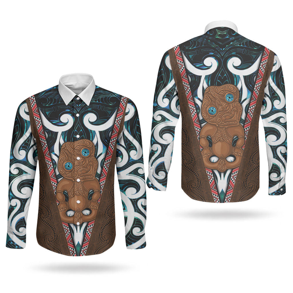 New Zealand Whakairo Couples Matching Long Sleeve Bodycon Dress and Long Sleeve Button Shirt Tiki Maori Carving Taniko Motifs LT14 - Polynesian Pride