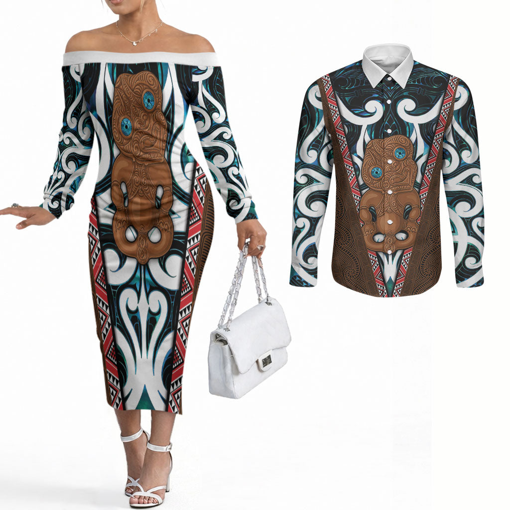 New Zealand Whakairo Couples Matching Off The Shoulder Long Sleeve Dress and Long Sleeve Button Shirt Tiki Maori Carving Taniko Motifs LT14 Multicolor - Polynesian Pride