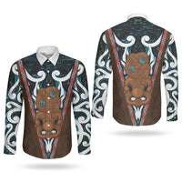 New Zealand Whakairo Couples Matching Puletasi and Long Sleeve Button Shirt Tiki Maori Carving Taniko Motifs LT14 - Polynesian Pride