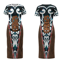 New Zealand Whakairo Couples Matching Short Sleeve Bodycon Dress and Long Sleeve Button Shirt Tiki Maori Carving Taniko Motifs LT14 - Polynesian Pride
