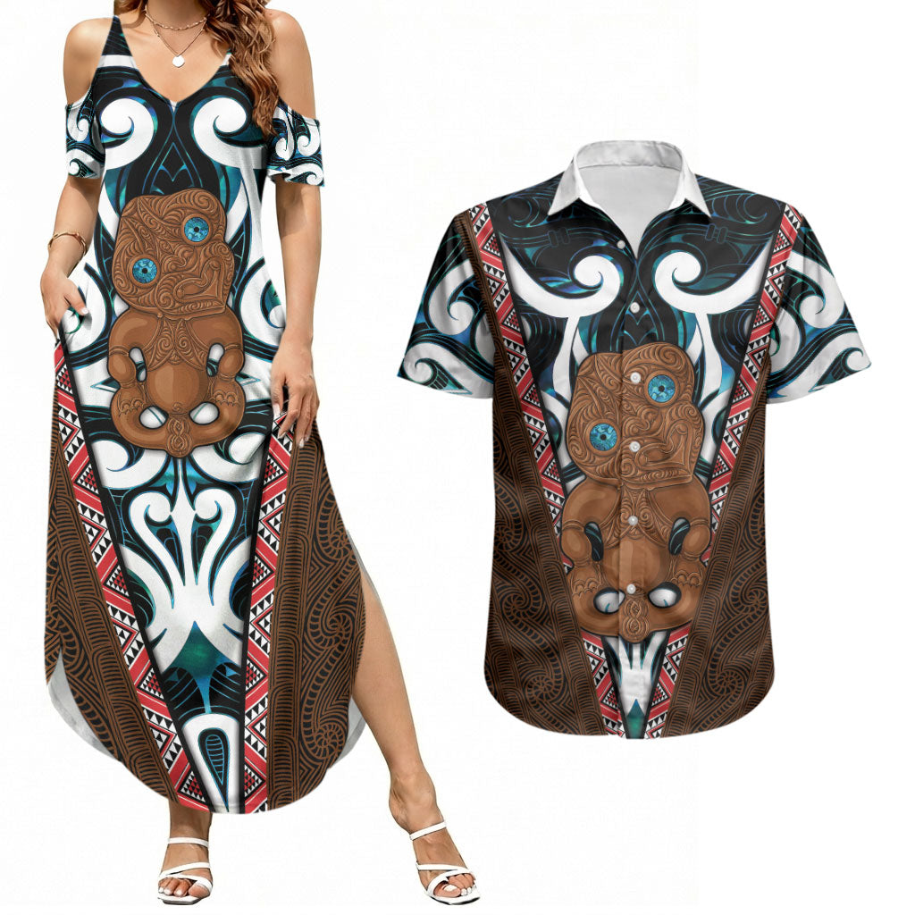 New Zealand Whakairo Couples Matching Summer Maxi Dress and Hawaiian Shirt Tiki Maori Carving Taniko Motifs LT14 Multicolor - Polynesian Pride