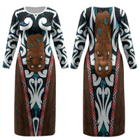 New Zealand Whakairo Family Matching Long Sleeve Bodycon Dress and Hawaiian Shirt Tiki Maori Carving Taniko Motifs LT14 Mom's Dress Multicolor - Polynesian Pride