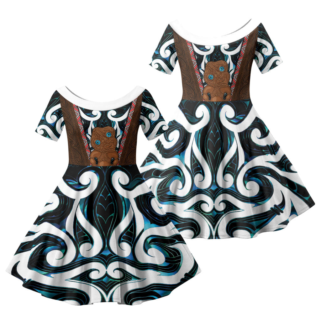 New Zealand Whakairo Family Matching Mermaid Dress and Hawaiian Shirt Tiki Maori Carving Taniko Motifs LT14 Daughter's Dress Multicolor - Polynesian Pride