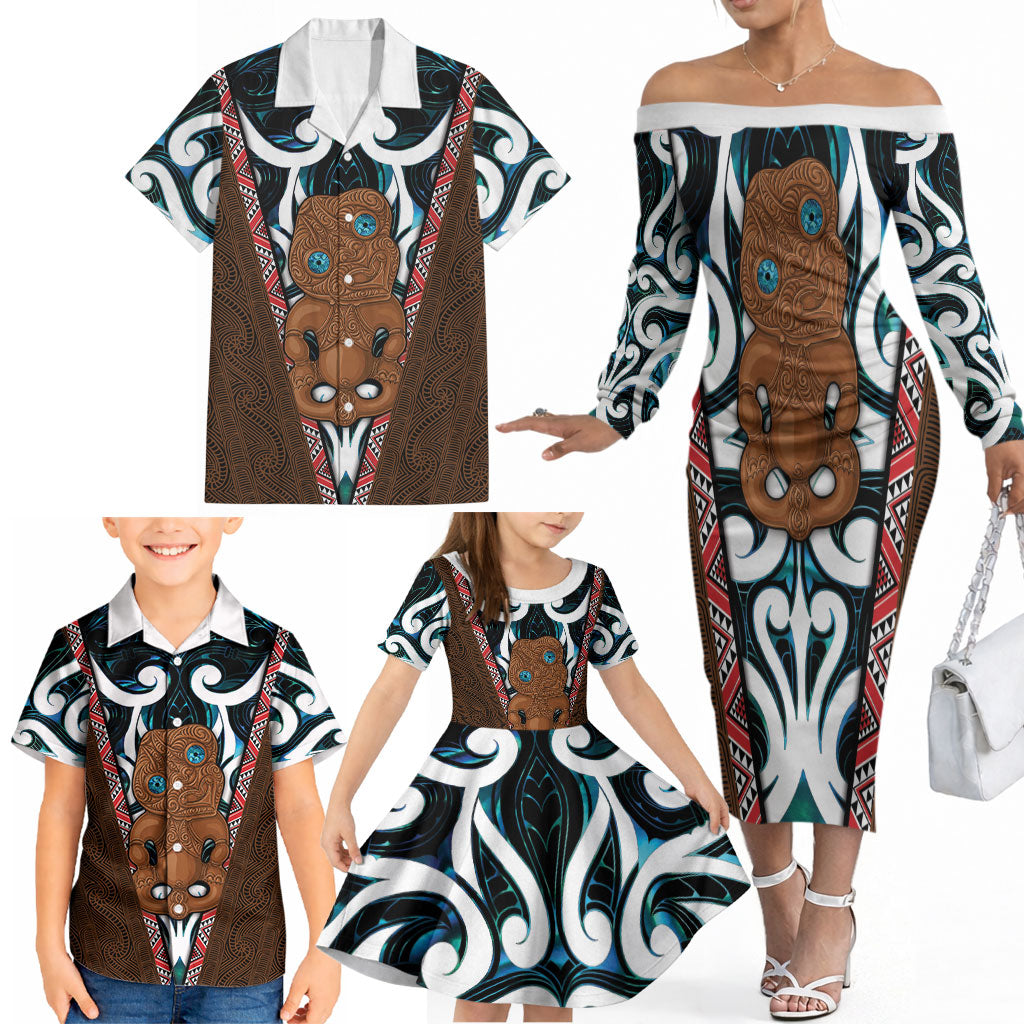 New Zealand Whakairo Family Matching Off The Shoulder Long Sleeve Dress and Hawaiian Shirt Tiki Maori Carving Taniko Motifs LT14 - Polynesian Pride