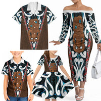 New Zealand Whakairo Family Matching Off The Shoulder Long Sleeve Dress and Hawaiian Shirt Tiki Maori Carving Taniko Motifs LT14 - Polynesian Pride