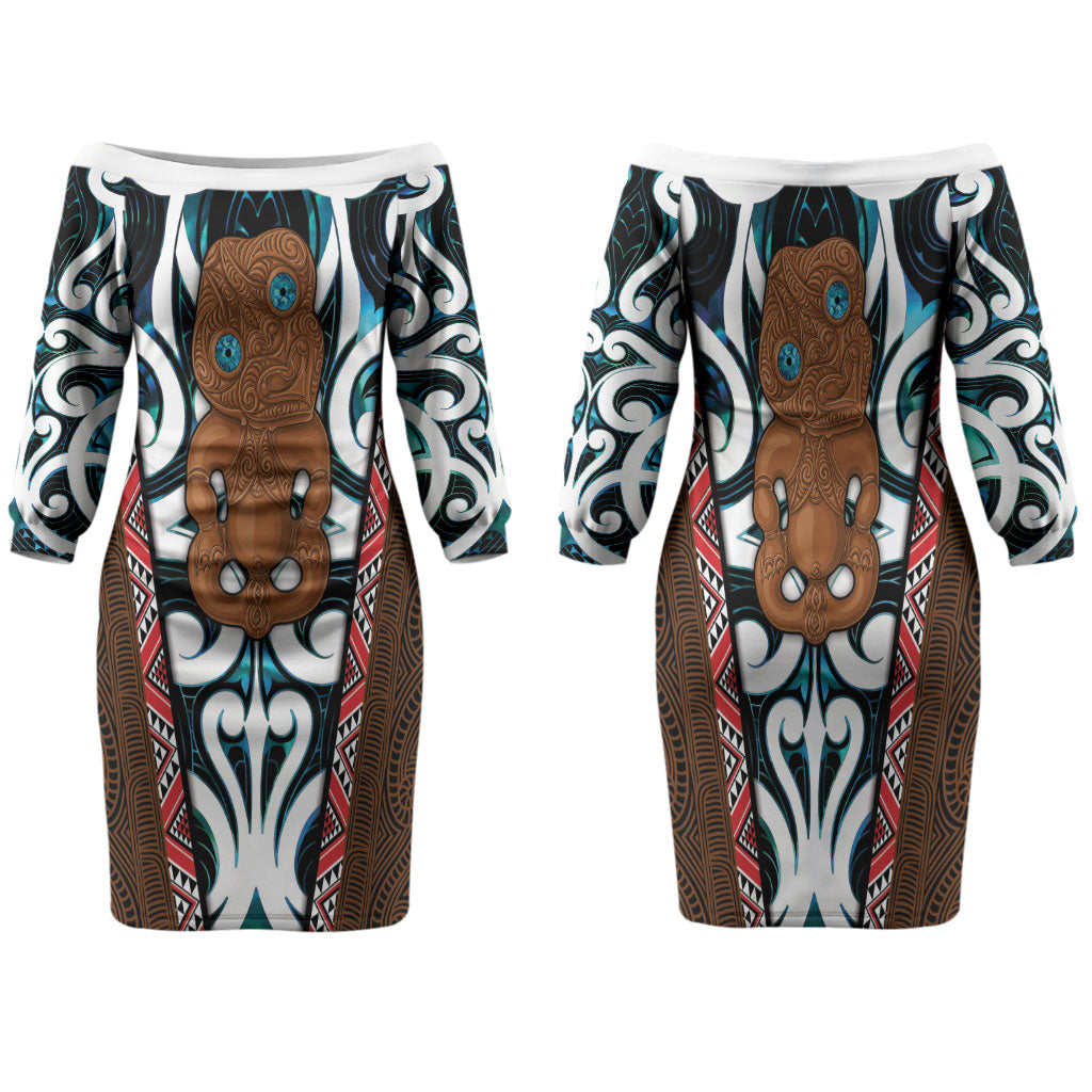 New Zealand Whakairo Family Matching Off The Shoulder Long Sleeve Dress and Hawaiian Shirt Tiki Maori Carving Taniko Motifs LT14 Mom's Dress Multicolor - Polynesian Pride