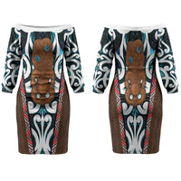 New Zealand Whakairo Family Matching Off The Shoulder Long Sleeve Dress and Hawaiian Shirt Tiki Maori Carving Taniko Motifs LT14 Mom's Dress Multicolor - Polynesian Pride