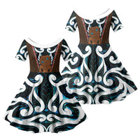 New Zealand Whakairo Family Matching Off The Shoulder Long Sleeve Dress and Hawaiian Shirt Tiki Maori Carving Taniko Motifs LT14 Daughter's Dress Multicolor - Polynesian Pride