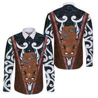 New Zealand Whakairo Family Matching Off Shoulder Maxi Dress and Hawaiian Shirt Tiki Maori Carving Taniko Motifs LT14 Dad's Shirt - Long Sleeve Multicolor - Polynesian Pride