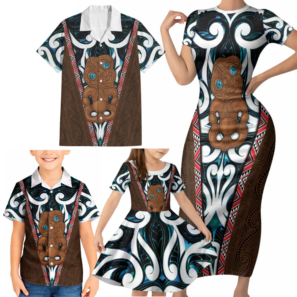 New Zealand Whakairo Family Matching Short Sleeve Bodycon Dress and Hawaiian Shirt Tiki Maori Carving Taniko Motifs LT14 - Polynesian Pride