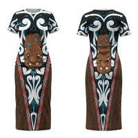 New Zealand Whakairo Family Matching Short Sleeve Bodycon Dress and Hawaiian Shirt Tiki Maori Carving Taniko Motifs LT14 Mom's Dress Multicolor - Polynesian Pride