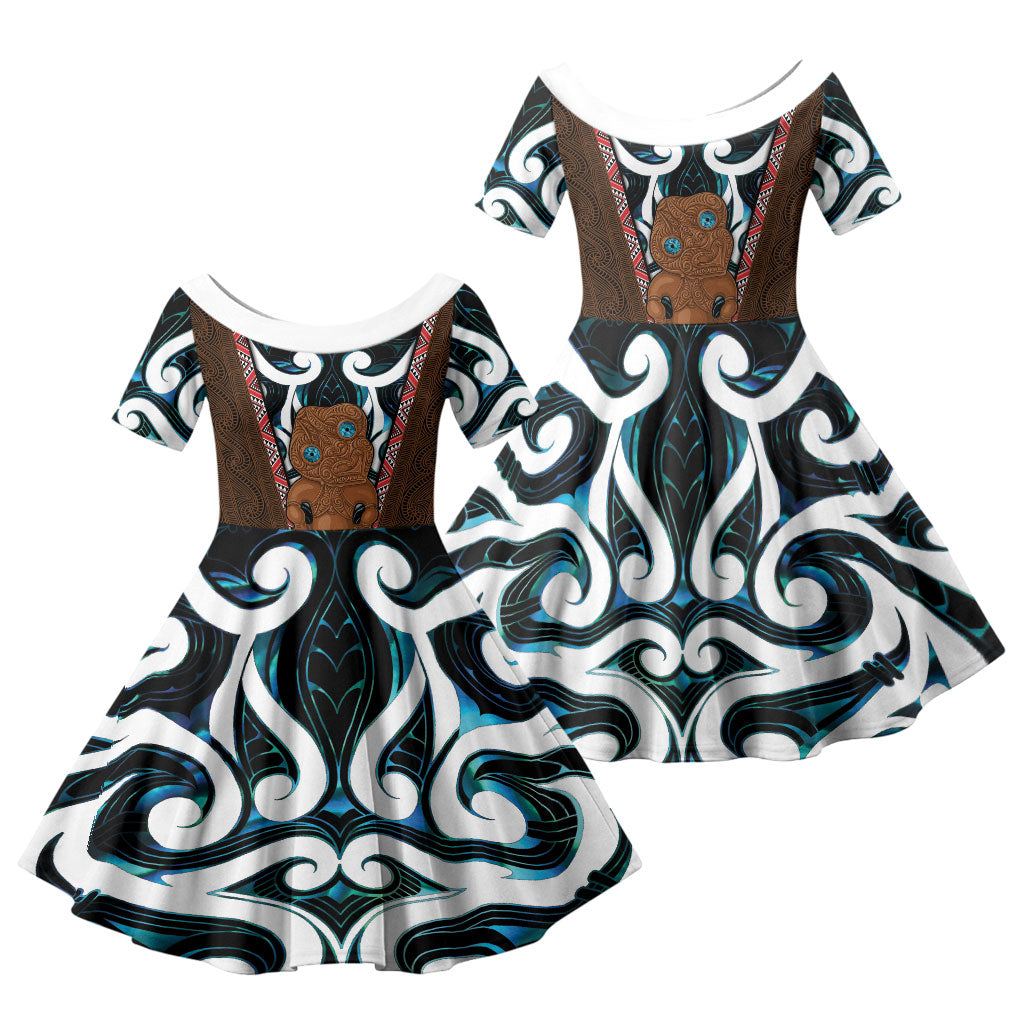 New Zealand Whakairo Family Matching Short Sleeve Bodycon Dress and Hawaiian Shirt Tiki Maori Carving Taniko Motifs LT14 Daughter's Dress Multicolor - Polynesian Pride