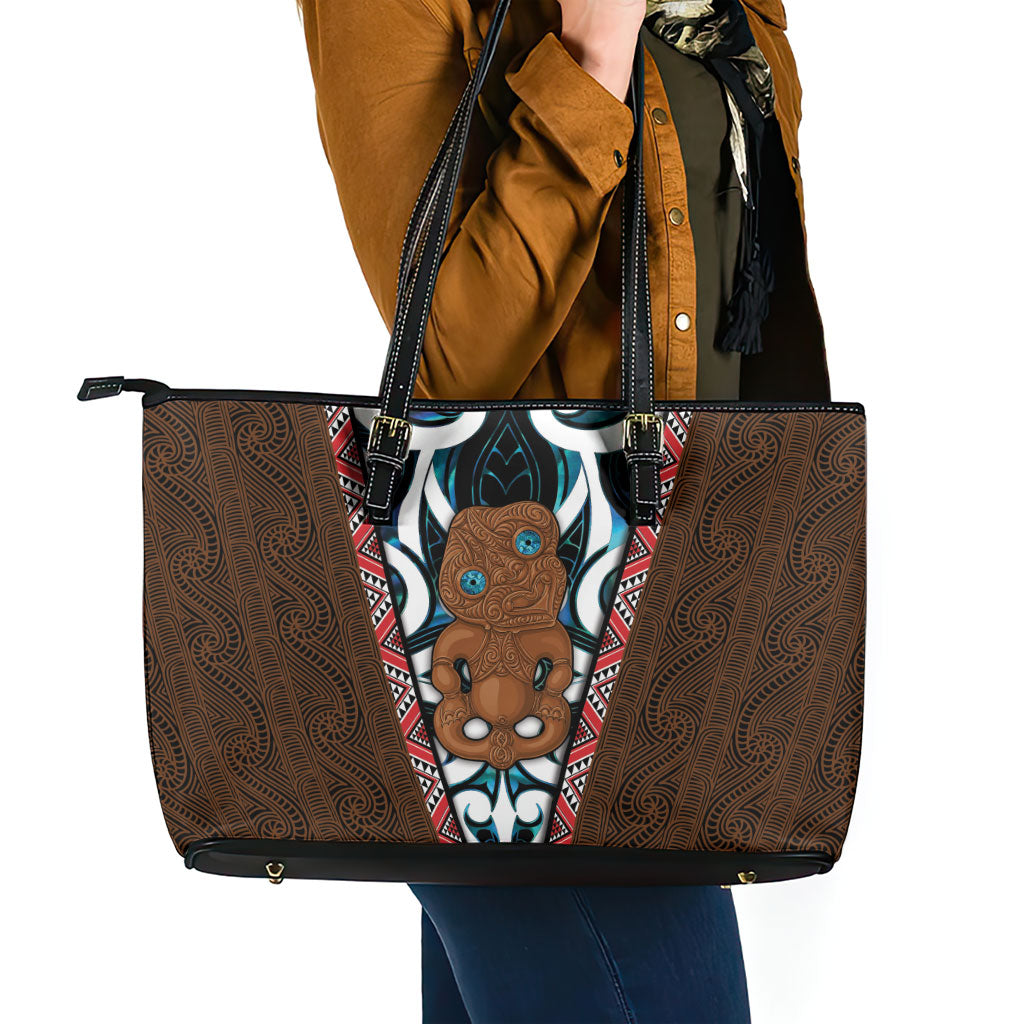 New Zealand Whakairo Leather Tote Bag Tiki Maori Carving Taniko Motifs LT14 - Polynesian Pride