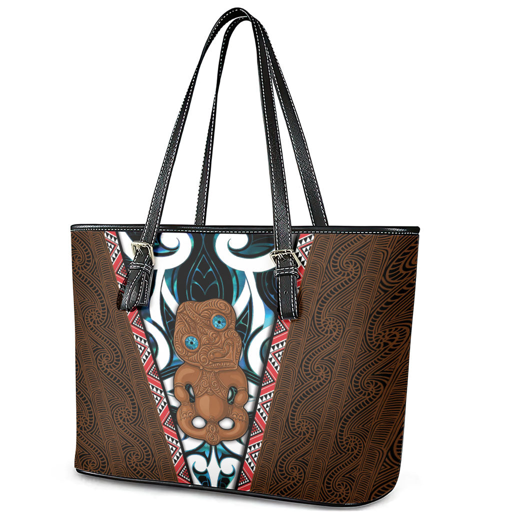 New Zealand Whakairo Leather Tote Bag Tiki Maori Carving Taniko Motifs LT14 - Polynesian Pride