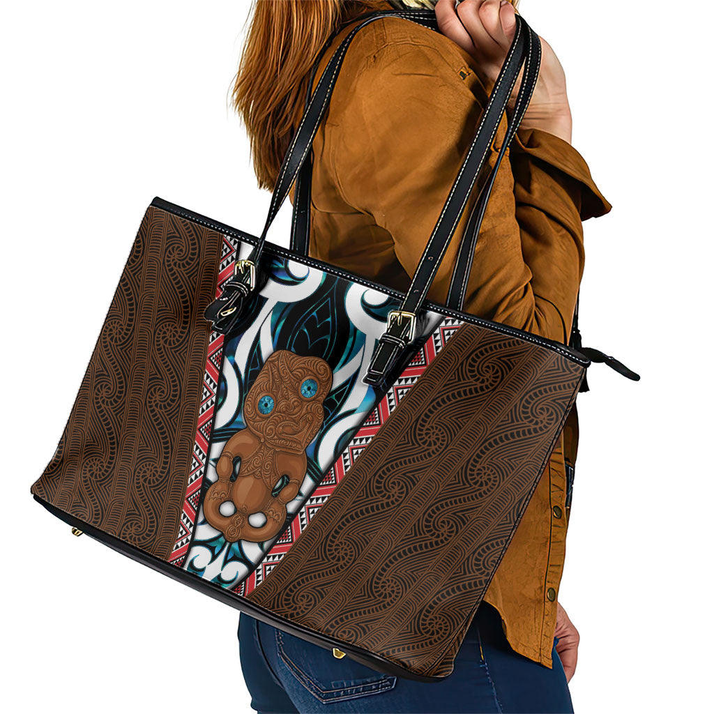 New Zealand Whakairo Leather Tote Bag Tiki Maori Carving Taniko Motifs LT14 - Polynesian Pride