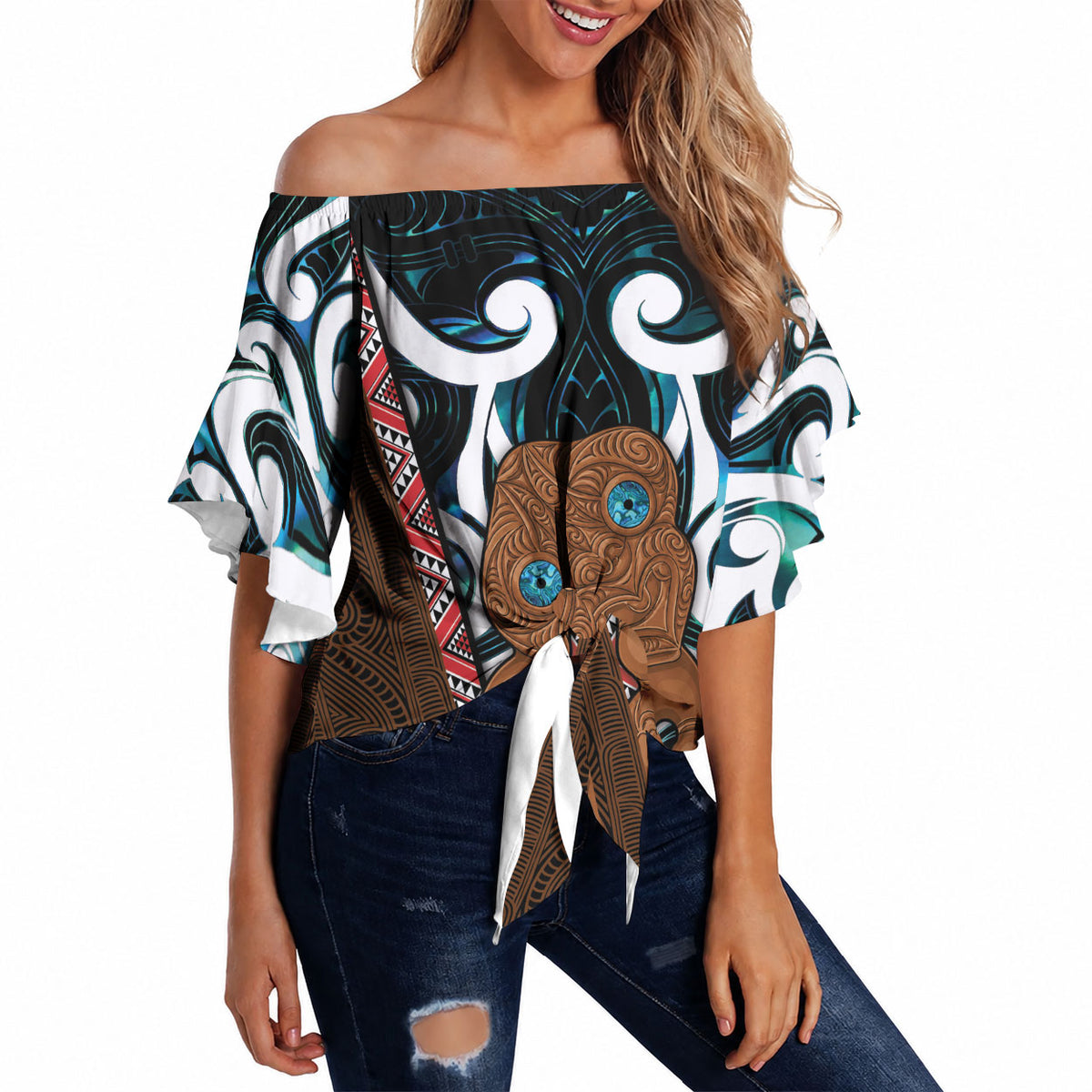 New Zealand Whakairo Off Shoulder Wrap Waist Top Tiki Maori Carving Taniko Motifs LT14 Multicolor - Polynesian Pride