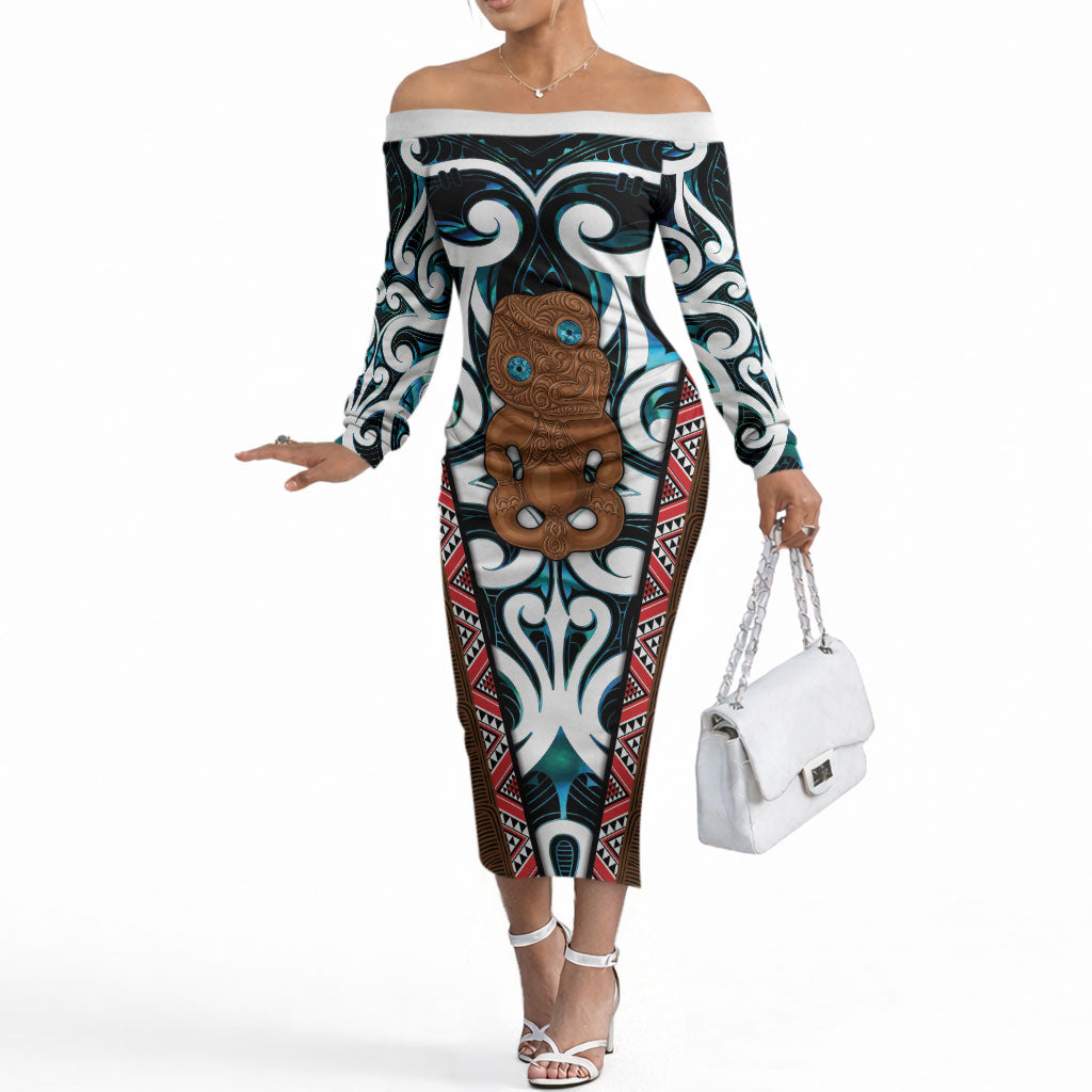 New Zealand Whakairo Off The Shoulder Long Sleeve Dress Tiki Maori Carving Taniko Motifs LT14 Women Multicolor - Polynesian Pride