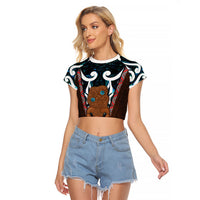 New Zealand Whakairo Raglan Cropped T Shirt Tiki Maori Carving Taniko Motifs LT14 Female Multicolor - Polynesian Pride