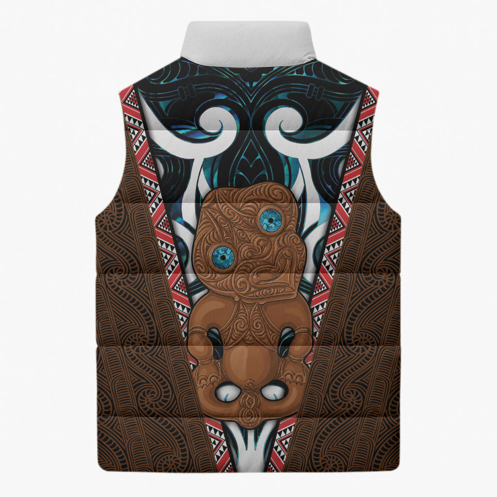 New Zealand Whakairo Sleeveless Puffer Jacket Tiki Maori Carving Taniko Motifs LT14 - Polynesian Pride