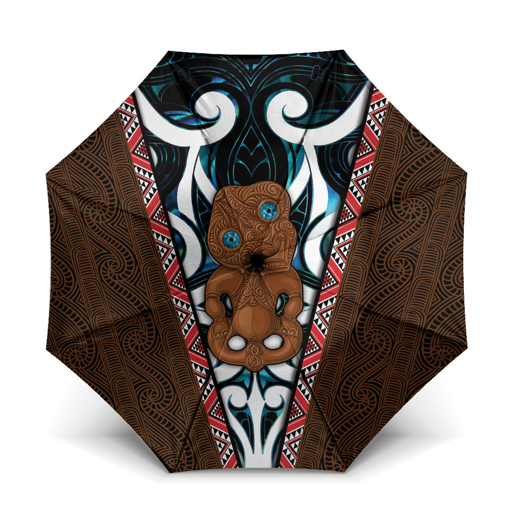 New Zealand Whakairo Umbrella Tiki Maori Carving Taniko Motifs LT14 One Size Folded 11.42 inch Opened Diameter 37.4 inch Multicolor - Polynesian Pride