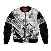 Fiji Tapa Rugby Bomber Jacket Flying Fijian 2023 World Cup With Dabbing Ball LT14 Unisex White - Polynesian Pride