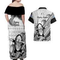 Fiji Tapa Rugby Couples Matching Off Shoulder Maxi Dress and Hawaiian Shirt Flying Fijian 2023 World Cup With Dabbing Ball LT14 - Polynesian Pride