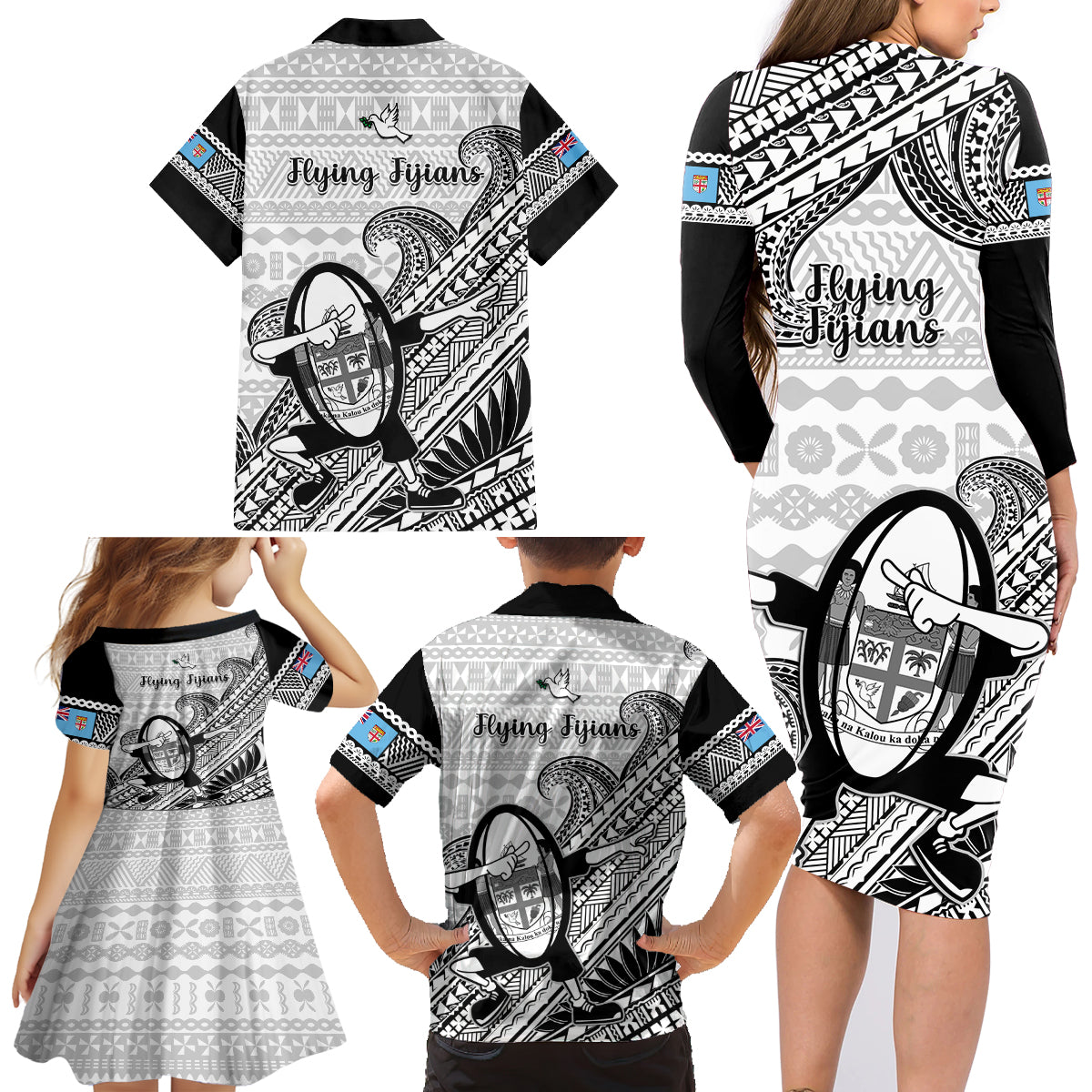 Fiji Tapa Rugby Family Matching Long Sleeve Bodycon Dress and Hawaiian Shirt Flying Fijian 2023 World Cup With Dabbing Ball LT14 - Polynesian Pride