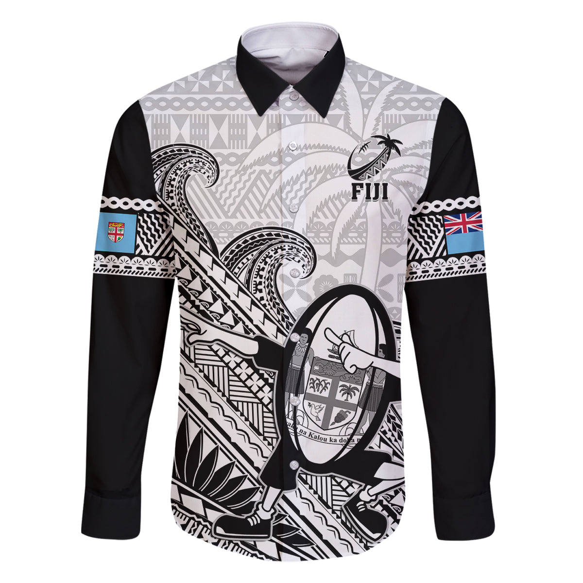 Fiji Tapa Rugby Family Matching Long Sleeve Bodycon Dress and Hawaiian Shirt Flying Fijian 2023 World Cup With Dabbing Ball LT14 Dad's Shirt - Long Sleeve White - Polynesian Pride