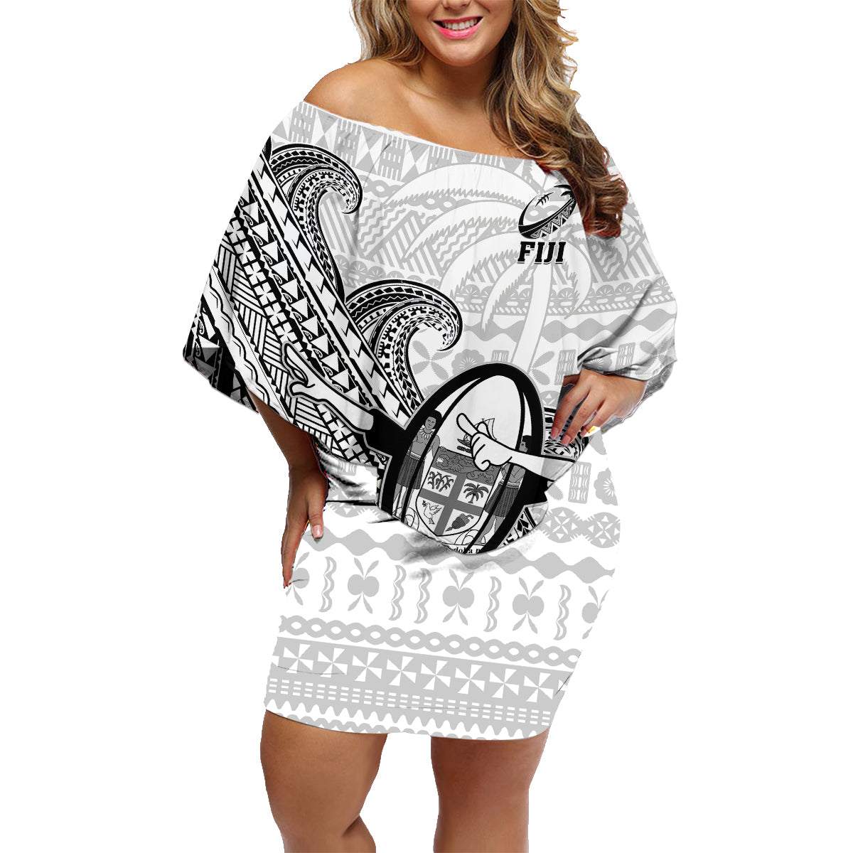 Fiji Tapa Rugby Family Matching Off Shoulder Short Dress and Hawaiian Shirt Flying Fijian 2023 World Cup With Dabbing Ball LT14 Mom's Dress White - Polynesian Pride