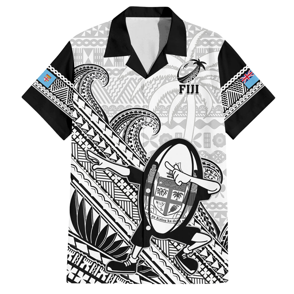 Fiji Tapa Rugby Family Matching Tank Maxi Dress and Hawaiian Shirt Flying Fijian 2023 World Cup With Dabbing Ball LT14 Dad's Shirt - Short Sleeve White - Polynesian Pride