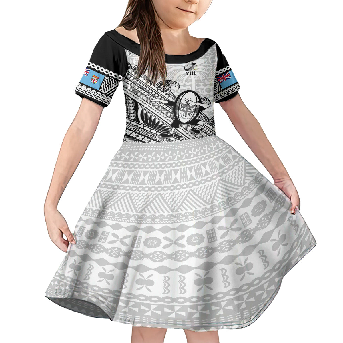 Fiji Tapa Rugby Kid Short Sleeve Dress Flying Fijian 2023 World Cup With Dabbing Ball LT14 KID White - Polynesian Pride