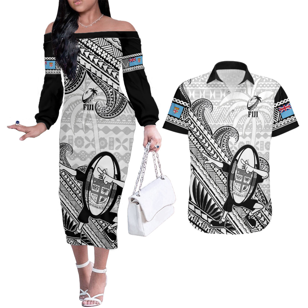 Custom Fiji Tapa Rugby Couples Matching Off The Shoulder Long Sleeve Dress and Hawaiian Shirt Flying Fijian 2023 World Cup With Dabbing Ball LT14 White - Polynesian Pride