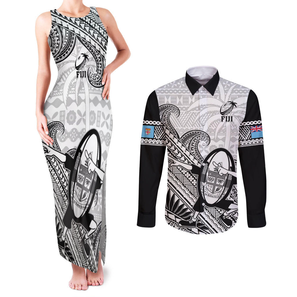 Custom Fiji Tapa Rugby Couples Matching Tank Maxi Dress and Long Sleeve Button Shirts Flying Fijian 2023 World Cup With Dabbing Ball LT14 White - Polynesian Pride