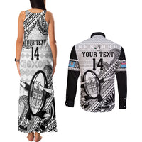 Custom Fiji Tapa Rugby Couples Matching Tank Maxi Dress and Long Sleeve Button Shirts Flying Fijian 2023 World Cup With Dabbing Ball LT14 - Polynesian Pride